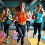 Ambiance, cardio et énergie : ce que les cours collectifs peuvent vous apporter Groupe de fitness dynamique en salle moderne