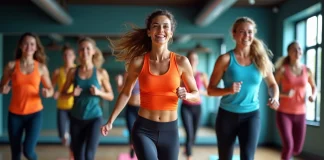 Ambiance, cardio et énergie : ce que les cours collectifs peuvent vous apporter Groupe de fitness dynamique en salle moderne