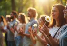 Groupe de personnes tenant des fleurs dans un parc ensoleille