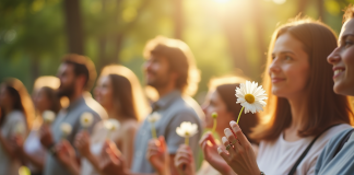 Groupe de personnes tenant des fleurs dans un parc ensoleille