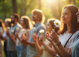Groupe de personnes tenant des fleurs dans un parc ensoleille