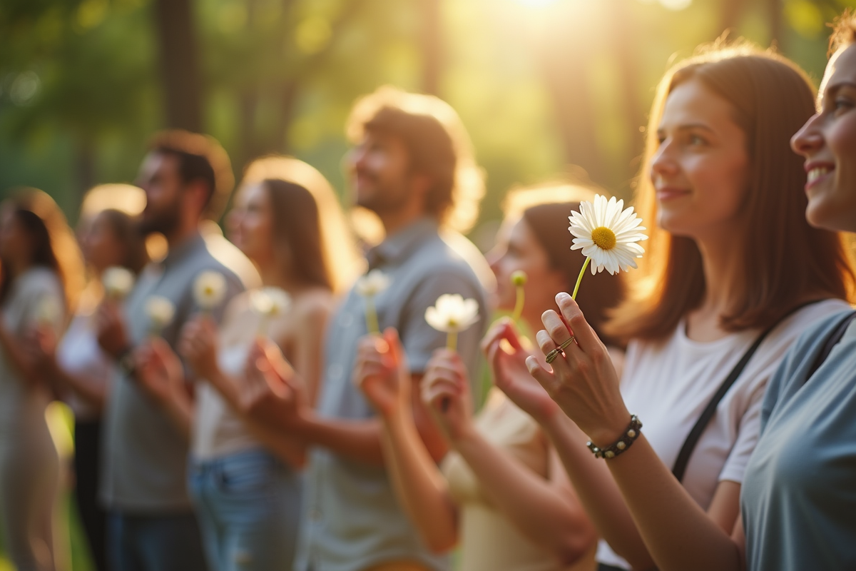 Groupe de personnes tenant des fleurs dans un parc ensoleille
