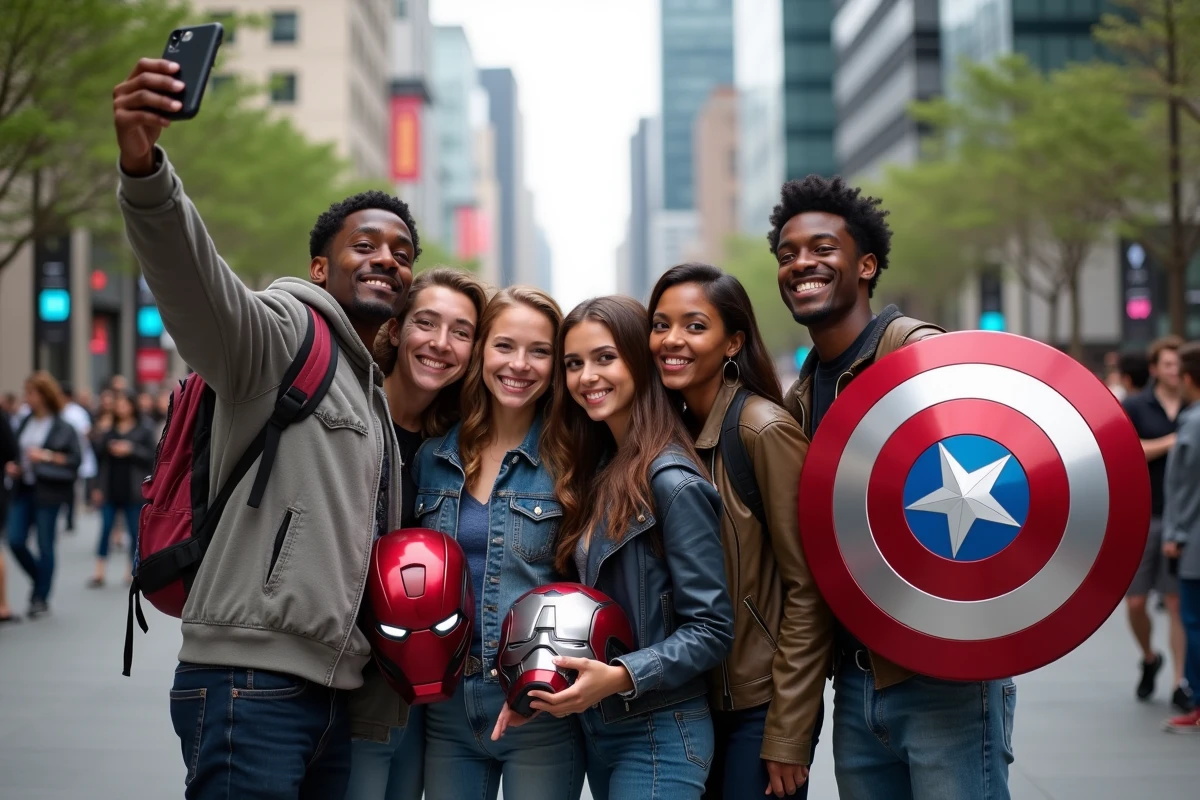 Groupe d amis posant avec accessoires Marvel en ville