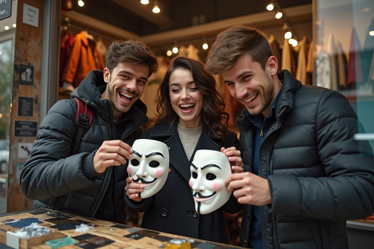 Groupe de jeunes examinant des masques dans une boutique