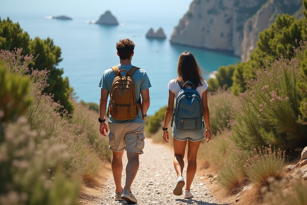 Jeunes marchant sur un sentier côtier dans la reserve de Zingaro