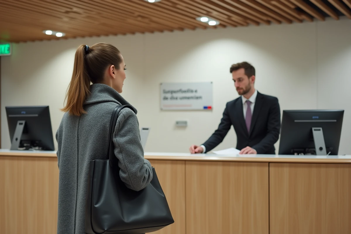 Femme en démarche administrative au guichet d'un service public luxembourgeois pour le prix camel