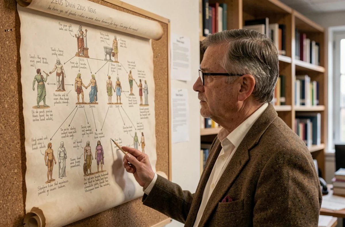 Historien étudiant un grand arbre généalogique de Zeus et des dieux grecs dans un bureau universitaire