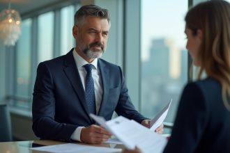 Homme d'affaires en costume navy discutant documents d'assurance