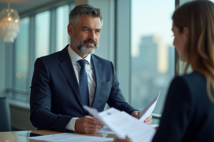 Homme d'affaires en costume navy discutant documents d'assurance