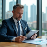 Taux immobiliers 2025 : prévisions de baisse et opportunités à saisir ! Homme d'affaires en costume bleu analysant des rapports immobiliers