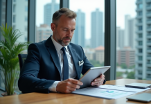 Taux immobiliers 2025 : prévisions de baisse et opportunités à saisir ! Homme d'affaires en costume bleu analysant des rapports immobiliers