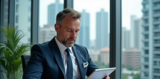 Taux immobiliers 2025 : prévisions de baisse et opportunités à saisir ! Homme d'affaires en costume bleu analysant des rapports immobiliers