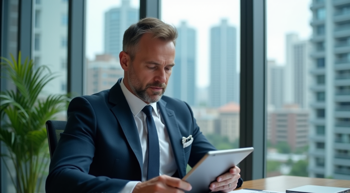 Taux immobiliers 2025 : prévisions de baisse et opportunités à saisir ! Homme d'affaires en costume bleu analysant des rapports immobiliers