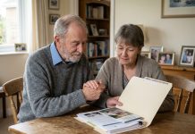 Devis obsèques : ce qu’il faut savoir pour bien le préparer Homme âgé en réflexion avec une femme sur des documents funéraires