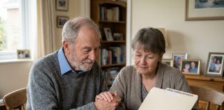 Devis obsèques : ce qu’il faut savoir pour bien le préparer Homme âgé en réflexion avec une femme sur des documents funéraires