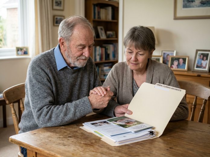 Homme âgé en réflexion avec une femme sur des documents funéraires