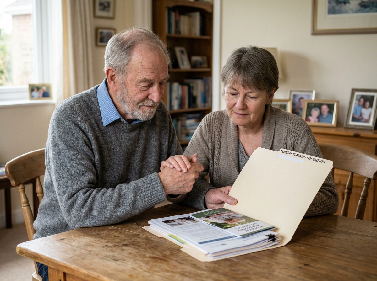 Homme âgé en réflexion avec une femme sur des documents funéraires