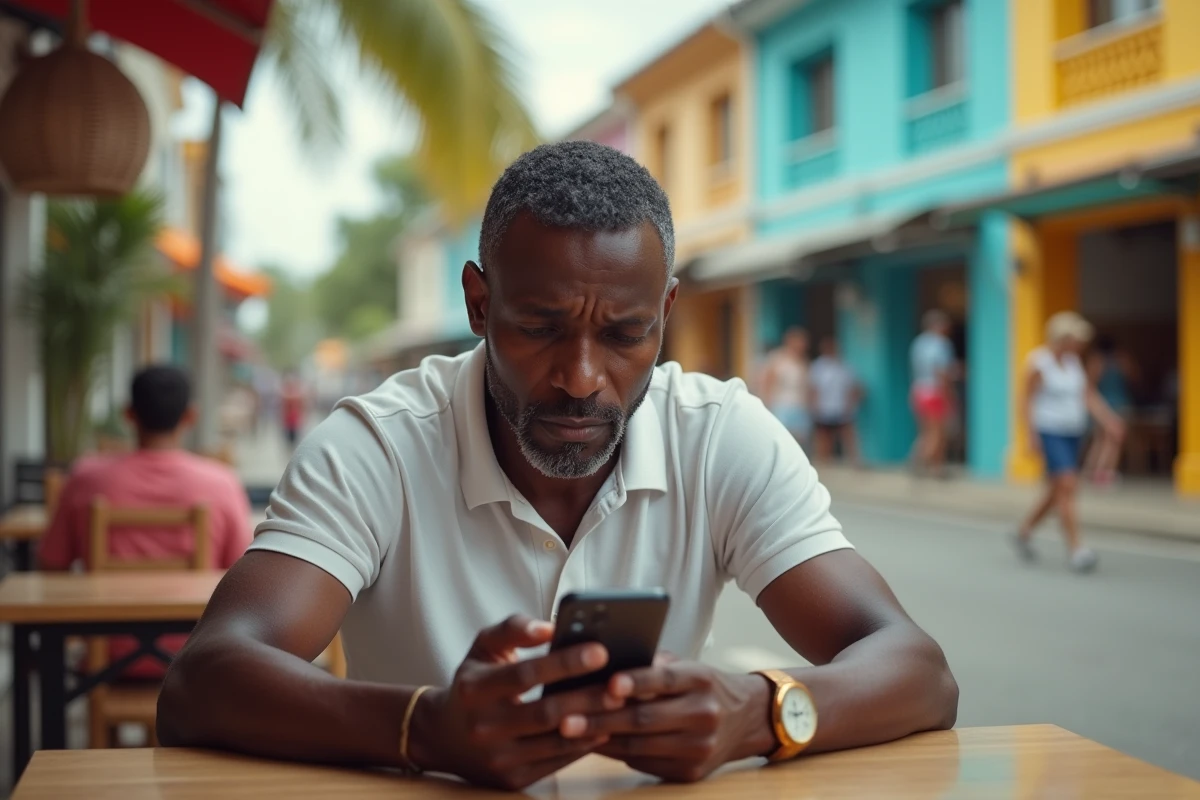 Homme antillais consultant son smartphone dans un café en lisant des insultes créoles en ligne