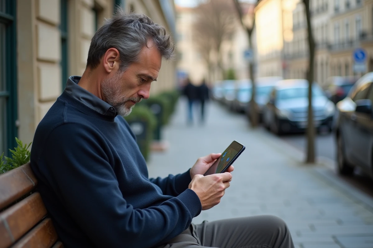 Homme consultant une application GPS de braderies sur son smartphone assis sur un banc en ville un dimanche matin