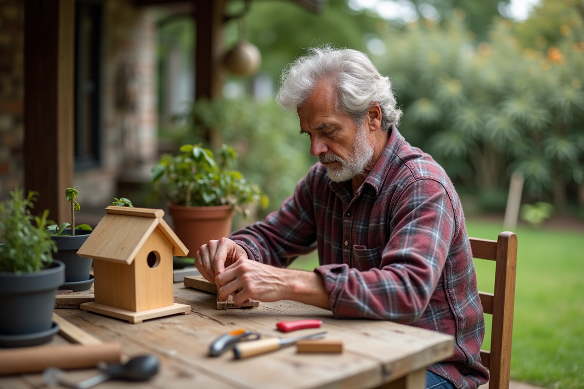 Homme assemble une maison pour oiseaux dans un jardin