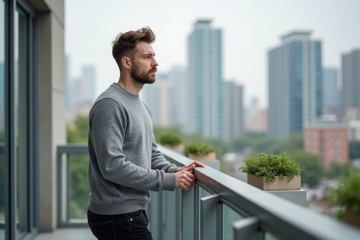 Homme sur un balcon avec vue sur la ville et plantes en pot