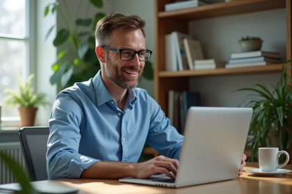 Homme d'âge moyen travaillant sur son ordinateur dans un bureau lumineux