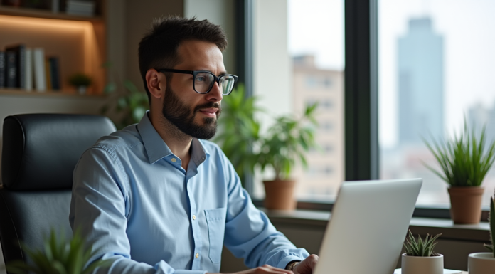 Forfait Internet pour télétravail : quel choisir pour une connexion performante ? Homme en bureau moderne travaillant sur son ordinateur