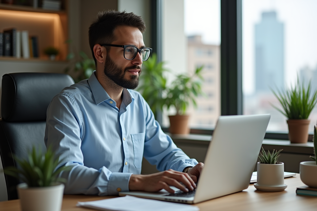 Homme en bureau moderne travaillant sur son ordinateur