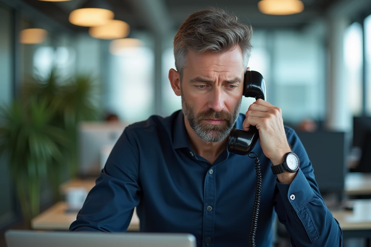 Homme d'affaires méfiant au téléphone fixe dans un bureau vérifiant un numéro suspect