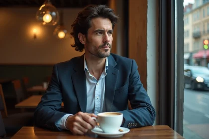 Homme en blazer détendu assis au café avec une expression réfléchie