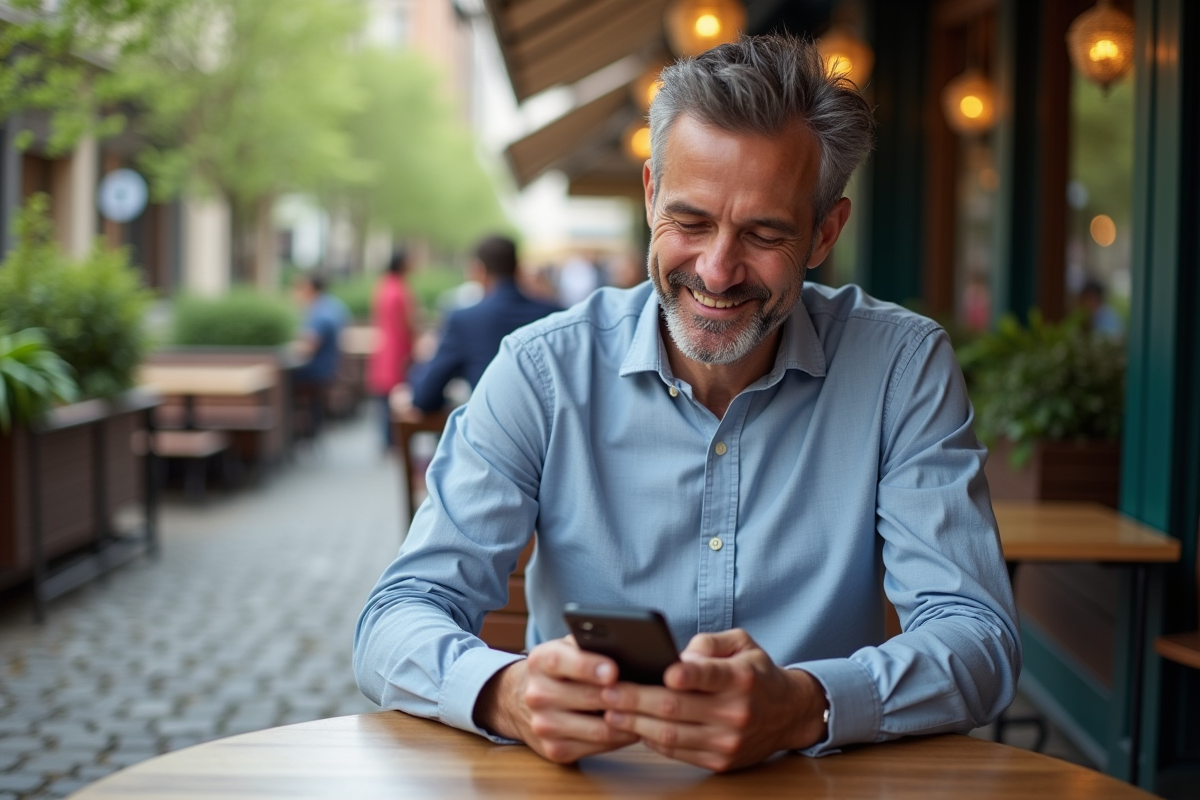 Homme souriant utilisant son smartphone en terrasse urbaine