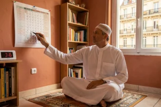 Homme consultant le calendrier des horaires de prière islamique à Marseille en 2026 dans son intérieur
