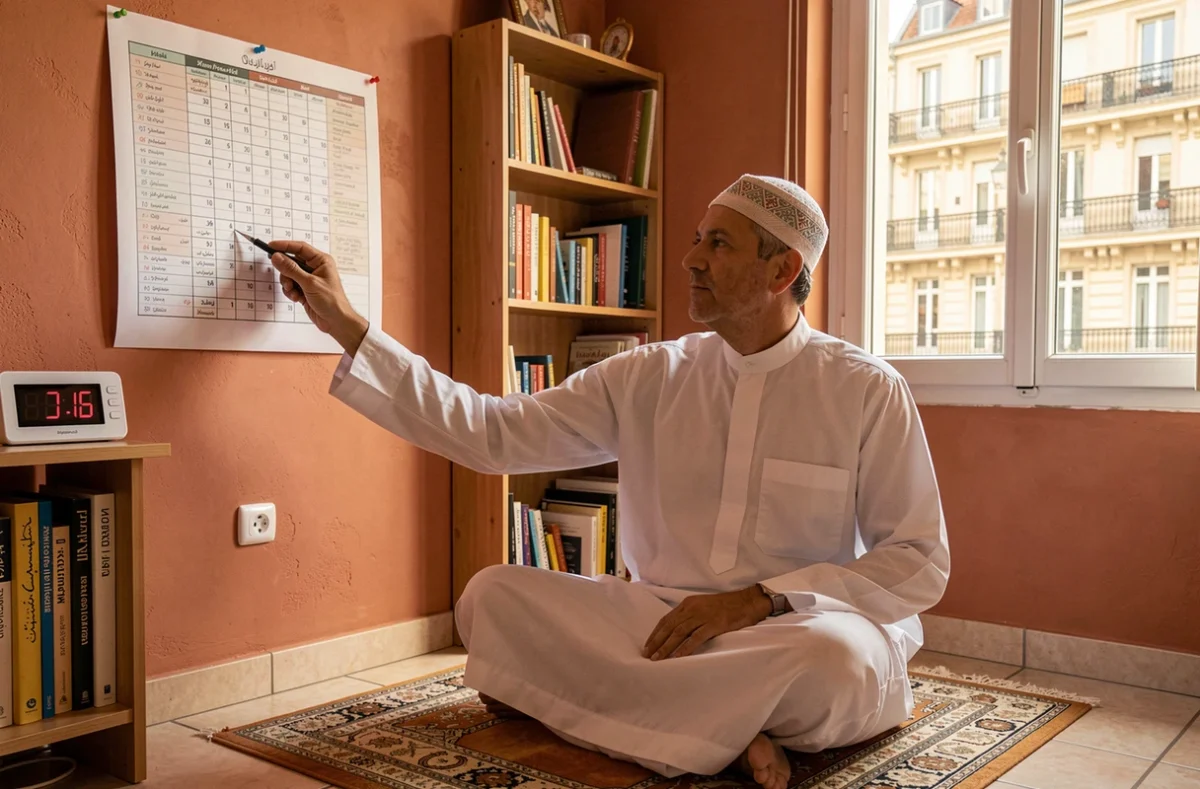 Homme consultant le calendrier des horaires de prière islamique à Marseille en 2026 dans son intérieur