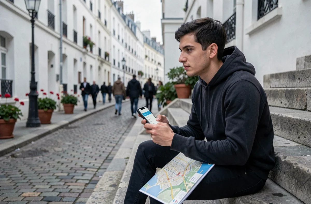 Jeune homme consultant une carte de Paris sur smartphone assis sur les escaliers de Montmartre