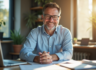 Homme confiant assis à un bureau lumineux avec ordinateur et carnets