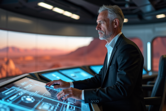Homme en costume noir au centre de commande martienne
