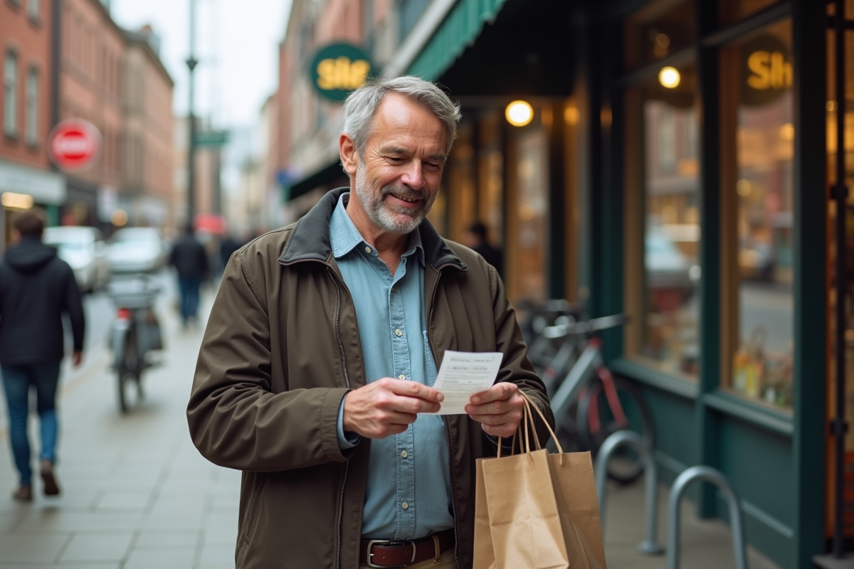 Homme vérifiant un reçu de courses devant un marché urbain
