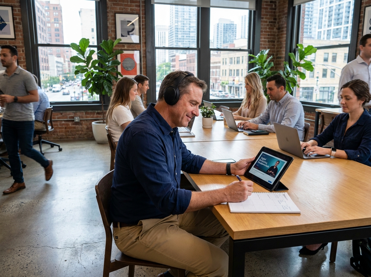 Homme en coworking suivant un cours en ligne sur tablette