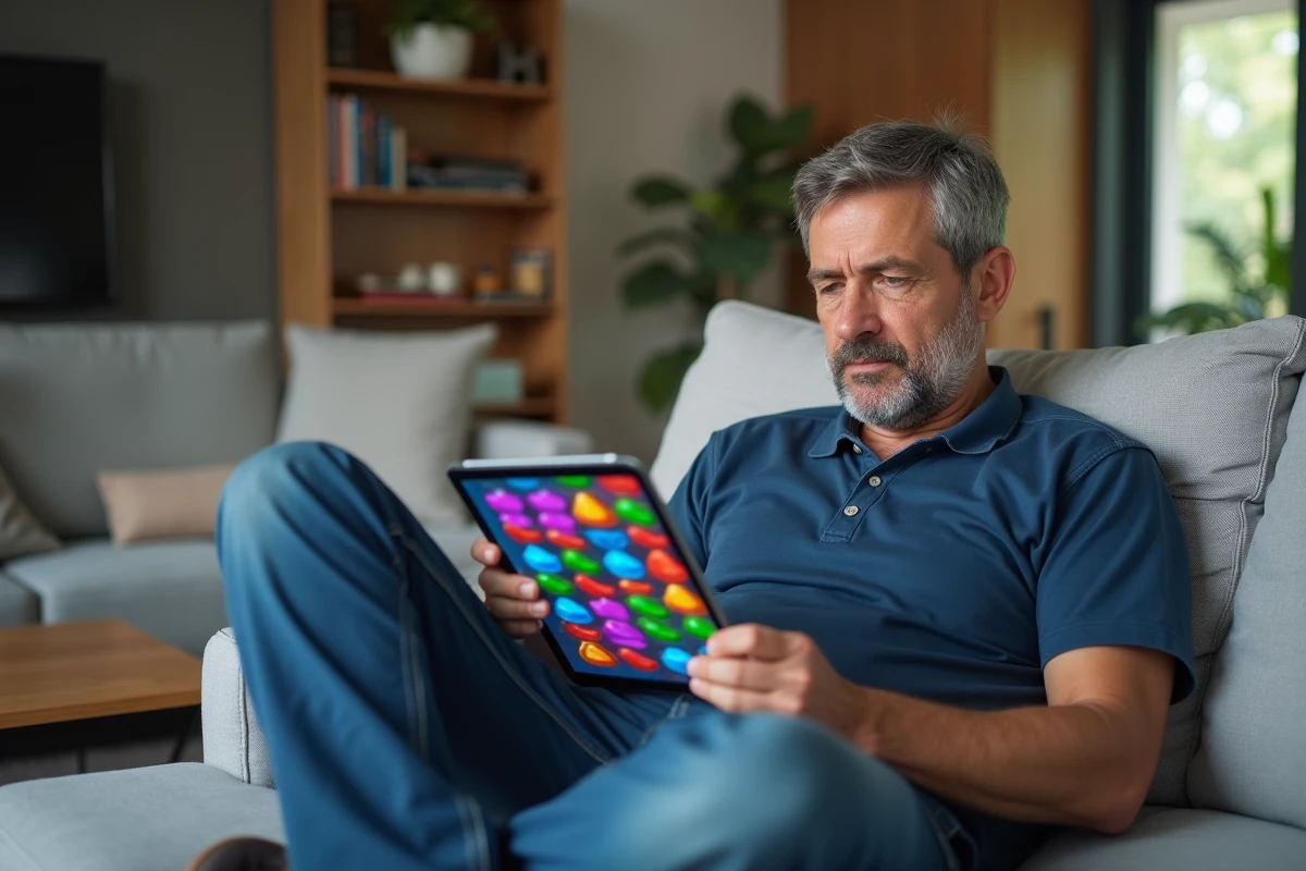 Homme débutant découvrant les niveaux de Candy Crush sur tablette dans un salon moderne