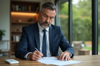 Homme d'âge moyen en costume bleu dans une salle à manger moderne