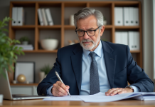Homme d'âge moyen remplissant ses formulaires fiscaux dans un bureau moderne