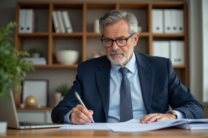 Homme d'âge moyen remplissant ses formulaires fiscaux dans un bureau moderne