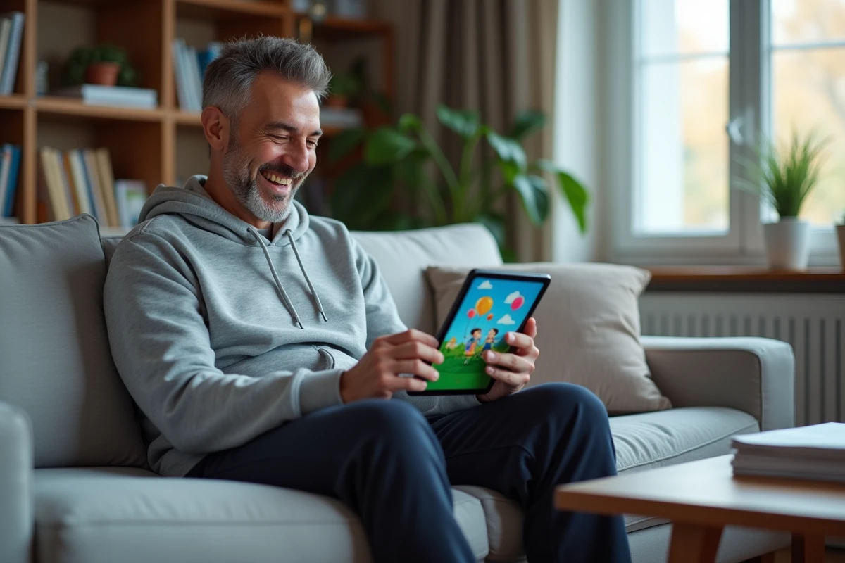 Homme souriant regardant un gif anniversaire animé et rigolo sur sa tablette dans un salon moderne