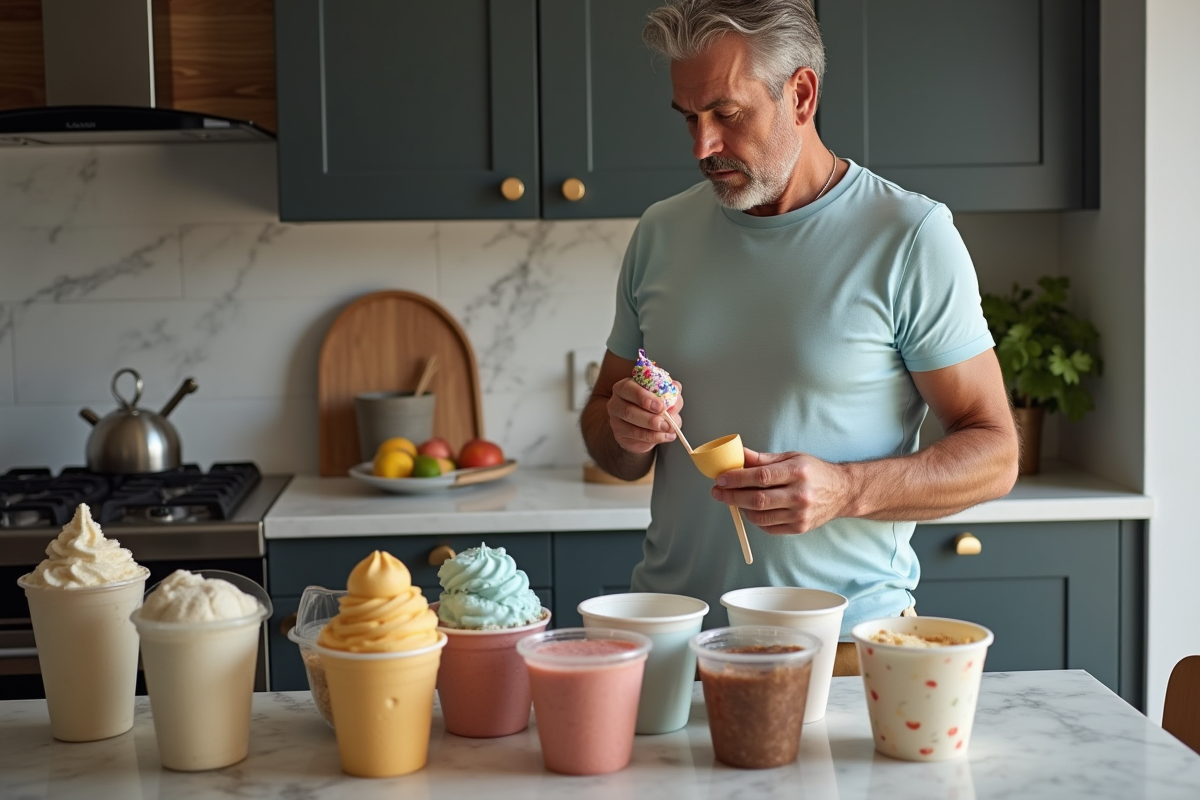 Homme examine glaces Mister Freeze en cuisine