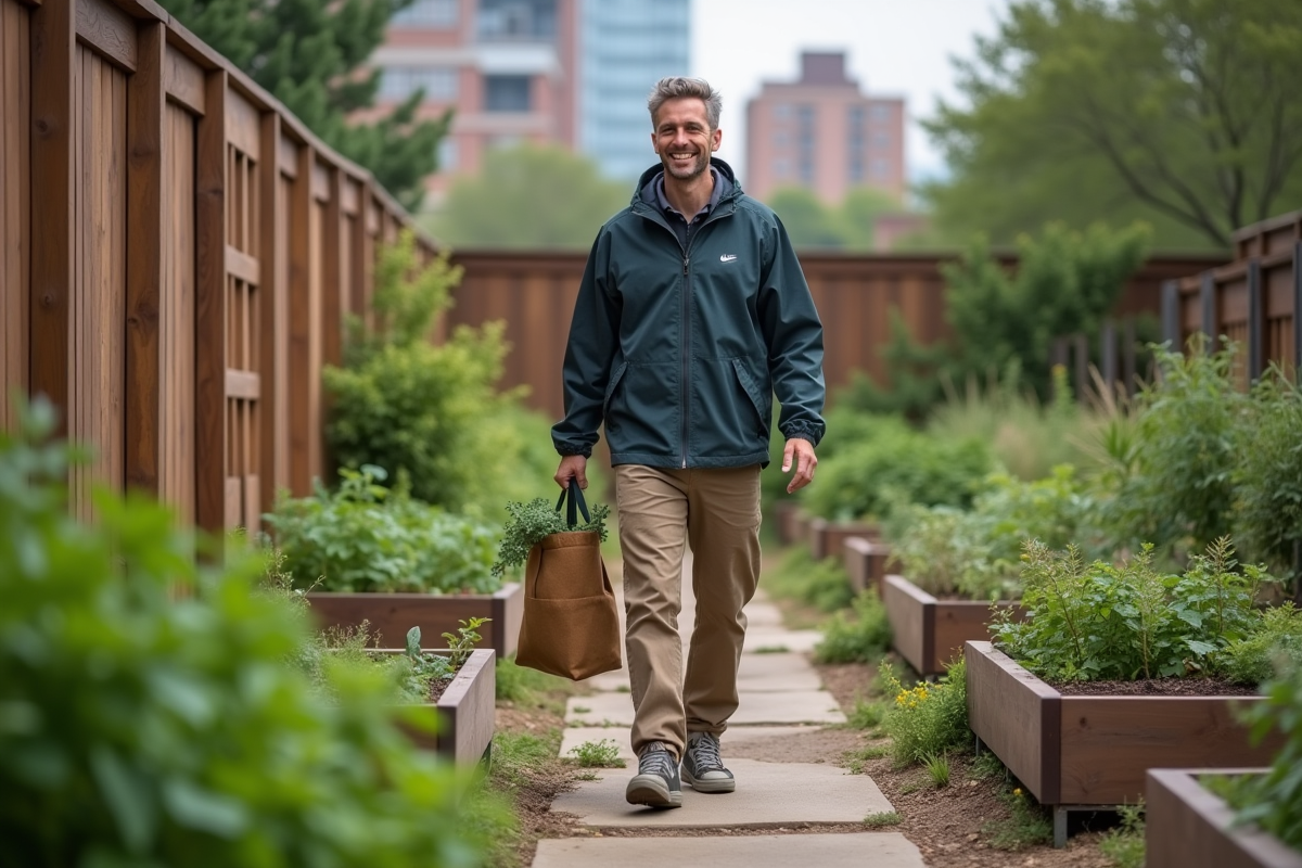 Homme marche dans un jardin urbain avec des produits frais