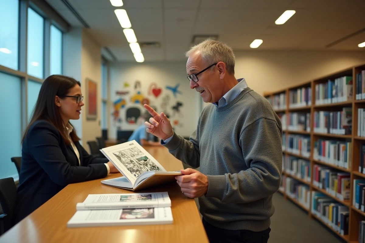 Homme en bibliothèque pointant un roman graphique