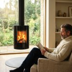 Les avantages indéniables des poêles à bois suspendus Homme d'âge moyen dans un salon cosy lisant un livre