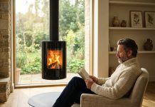 Les avantages indéniables des poêles à bois suspendus Homme d'âge moyen dans un salon cosy lisant un livre