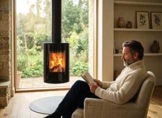 Les avantages indéniables des poêles à bois suspendus Homme d'âge moyen dans un salon cosy lisant un livre