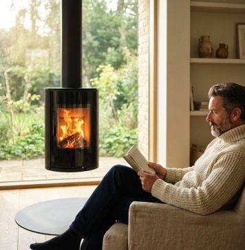 Les avantages indéniables des poêles à bois suspendus Homme d'âge moyen dans un salon cosy lisant un livre